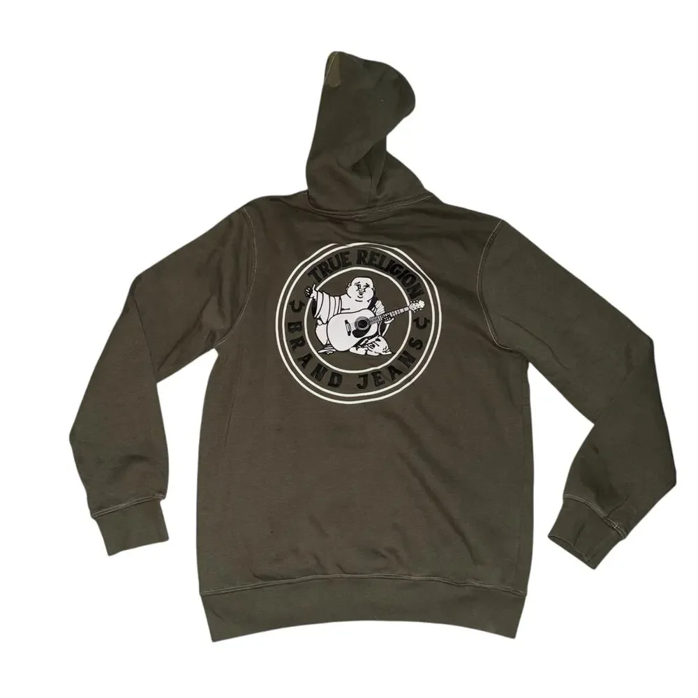 True Religion Budda Logo Seal Full Zip Hoodie Olive Green Stretch Size Large